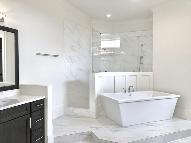 bathroom featuring crown molding, vanity, and plus walk in shower