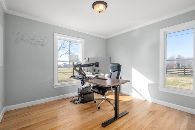 home office featuring crown molding and light wood-type flooring