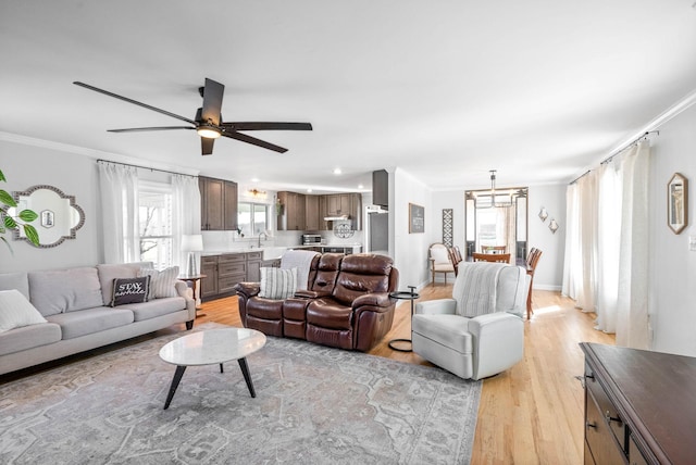 living room featuring crown molding, sink, ceiling fan, and light hardwood / wood-style flooring