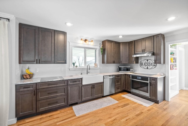 kitchen featuring appliances with stainless steel finishes, sink, dark brown cabinetry, and light wood-type flooring