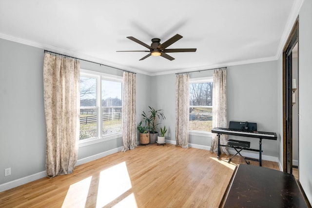 office area with ceiling fan, ornamental molding, and light wood-type flooring