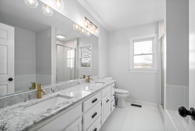 bathroom with plenty of natural light, toilet, an enclosed shower, and vanity