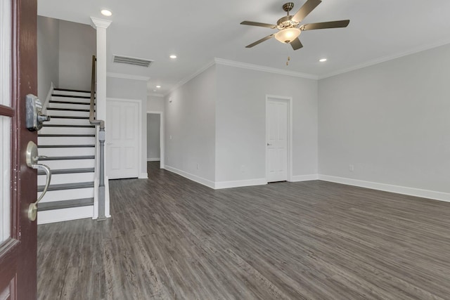 unfurnished living room with crown molding, ceiling fan, and dark hardwood / wood-style flooring