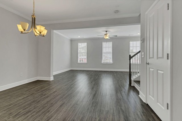 interior space with crown molding, dark wood-type flooring, and ceiling fan with notable chandelier