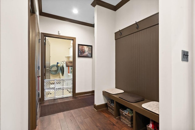 mudroom with ornamental molding and dark hardwood / wood-style floors