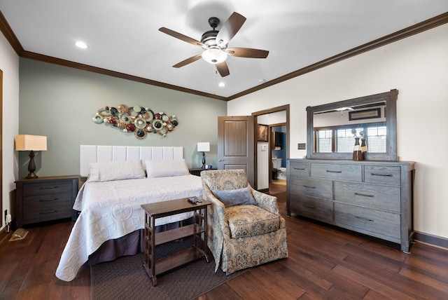 bedroom with crown molding, ceiling fan, and dark hardwood / wood-style flooring