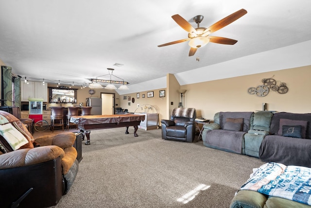 carpeted living room with ceiling fan, billiards, lofted ceiling, and bar area