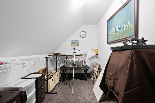 interior space with lofted ceiling and carpet flooring