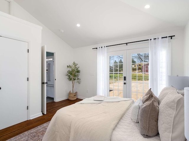 bedroom with wood finished floors, recessed lighting, vaulted ceiling, access to exterior, and french doors