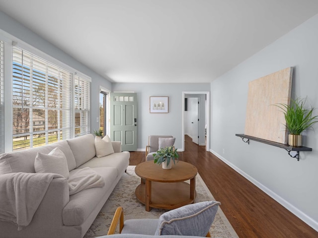 living room with baseboards and wood finished floors