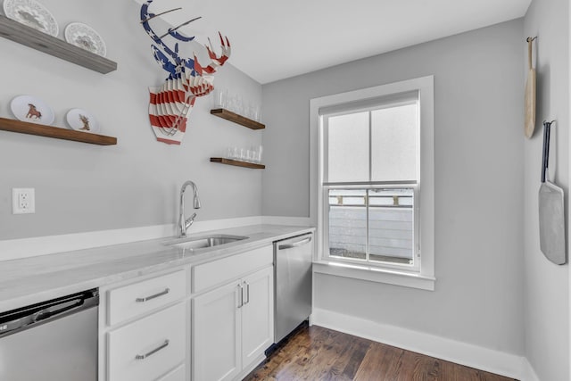 bar featuring white cabinetry, dishwasher, light stone countertops, and sink