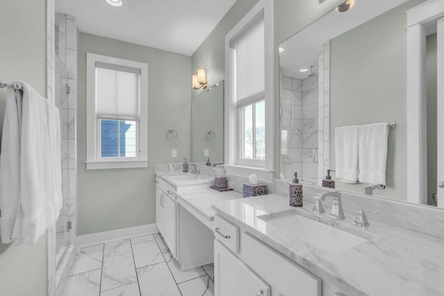 bathroom featuring vanity and a shower with shower door