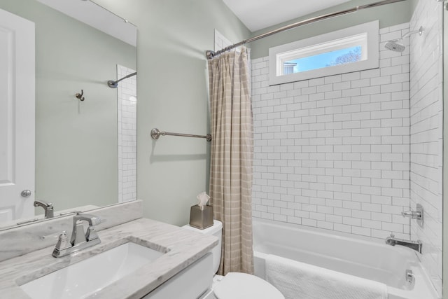 full bathroom with toilet, vanity, and shower / bathtub combination with curtain