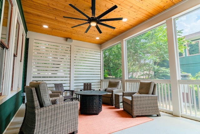 sunroom / solarium featuring wood ceiling, plenty of natural light, and ceiling fan