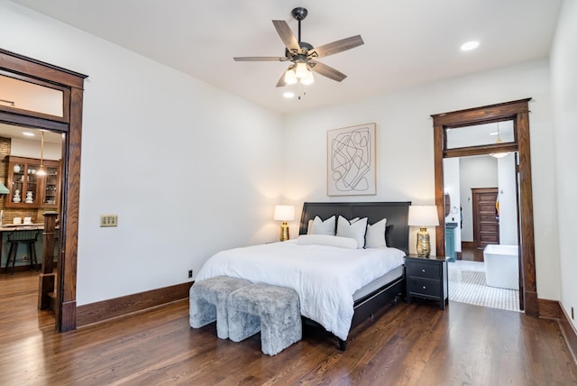 bedroom with dark wood-type flooring and ceiling fan