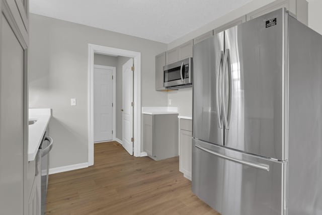 kitchen with appliances with stainless steel finishes and light hardwood / wood-style floors