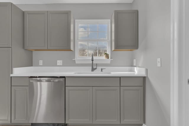 kitchen featuring stainless steel dishwasher, gray cabinets, and sink