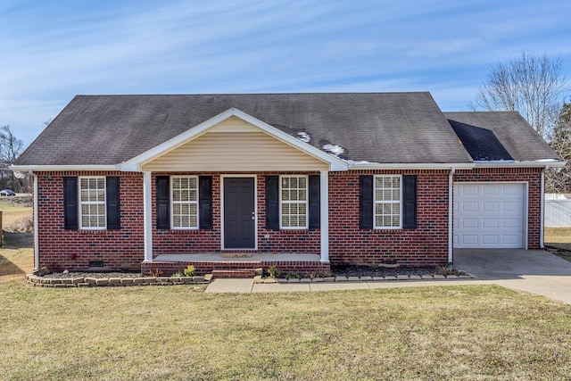 view of front of house with a garage, a front lawn, and covered porch