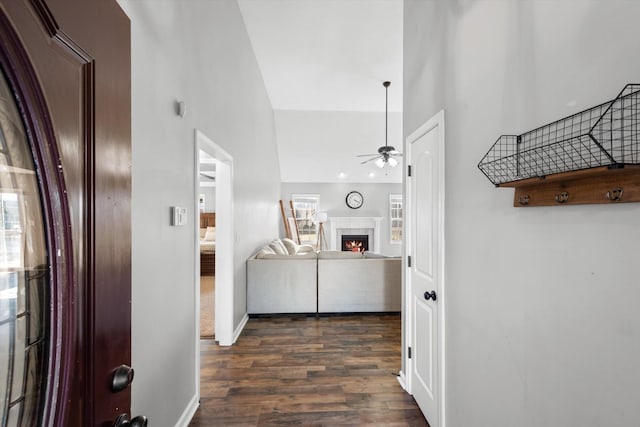 hall with dark wood-type flooring and high vaulted ceiling