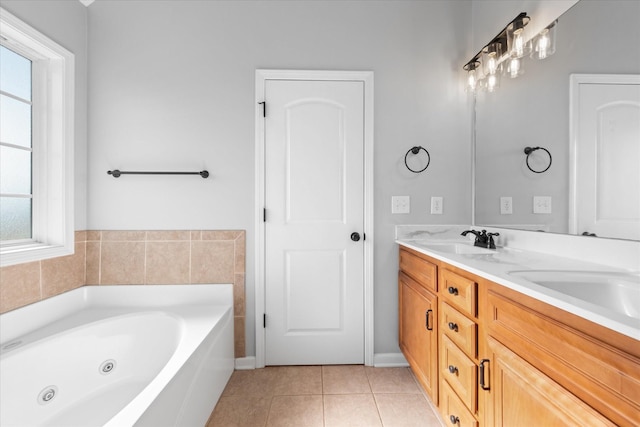 bathroom featuring a tub to relax in, tile patterned floors, and vanity