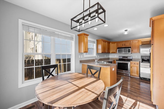 kitchen with pendant lighting, sink, stainless steel appliances, dark hardwood / wood-style flooring, and kitchen peninsula