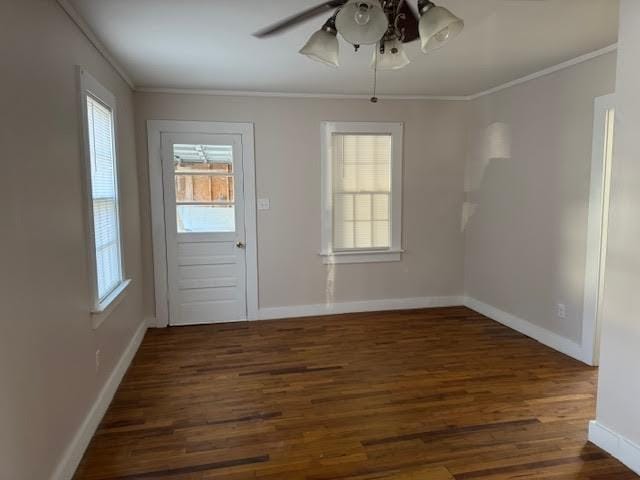 entryway featuring crown molding, dark hardwood / wood-style floors, and ceiling fan