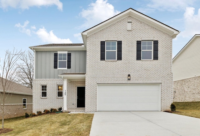 front facade with a garage and a front lawn