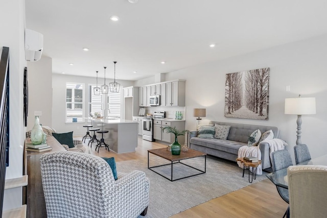 living room featuring sink and light hardwood / wood-style floors