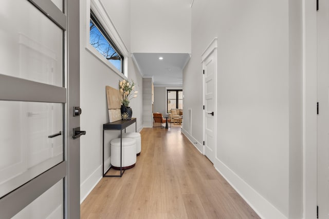 hall featuring ornamental molding and light hardwood / wood-style flooring