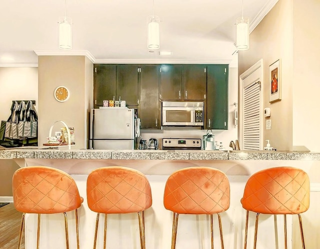 kitchen with pendant lighting, ornamental molding, and appliances with stainless steel finishes