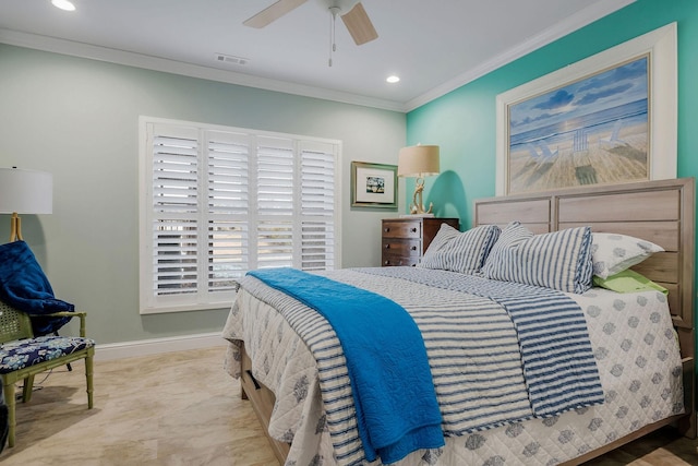 bedroom featuring crown molding and ceiling fan