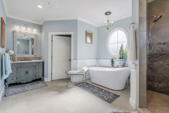 bathroom featuring ornamental molding, plus walk in shower, a chandelier, and vanity