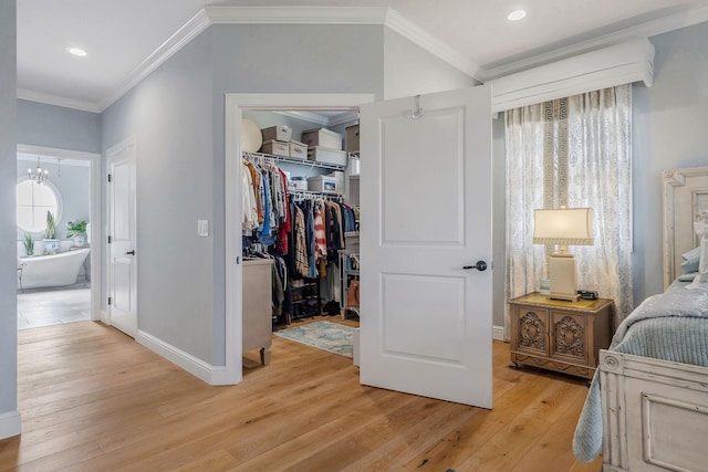 bedroom featuring multiple windows, a walk in closet, light hardwood / wood-style floors, and a closet