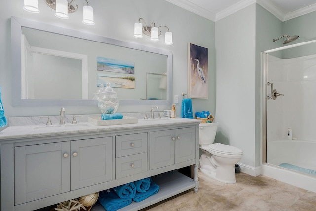 bathroom with crown molding, vanity, toilet, and a shower with shower door