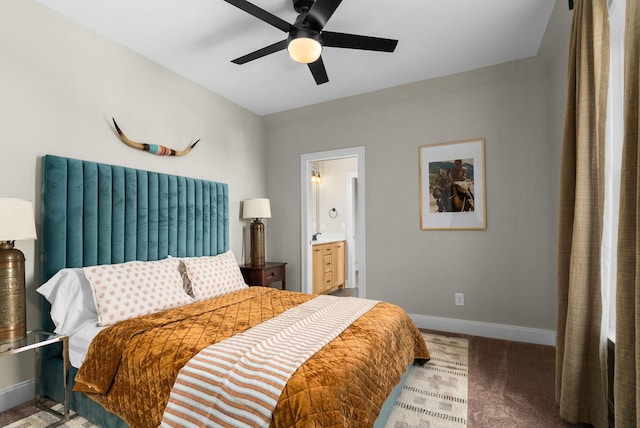 carpeted bedroom featuring ceiling fan and connected bathroom