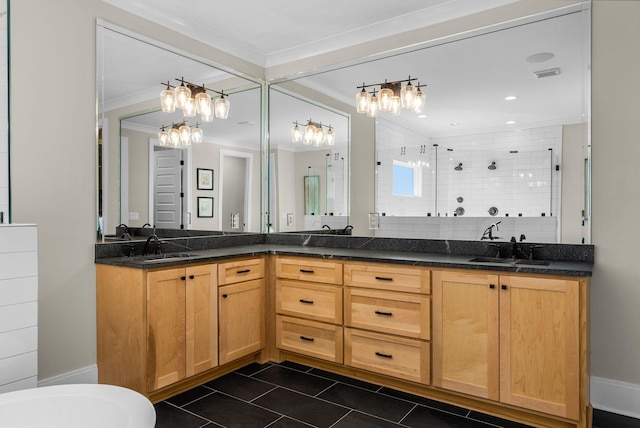 bathroom featuring crown molding, tile patterned floors, vanity, and a shower with door