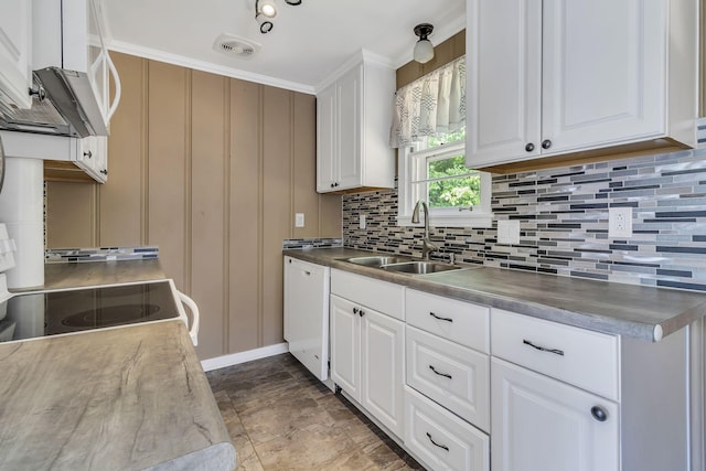 kitchen featuring white cabinetry, sink, white appliances, and ornamental molding