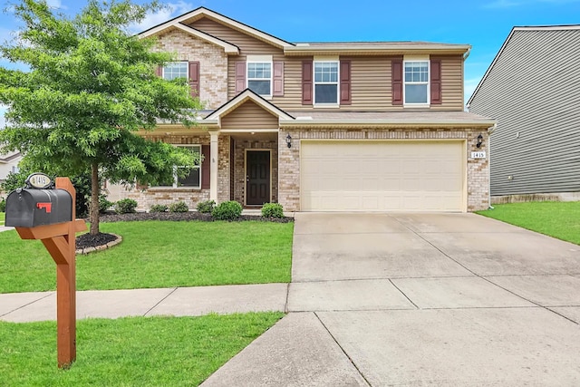 craftsman inspired home with a garage and a front lawn