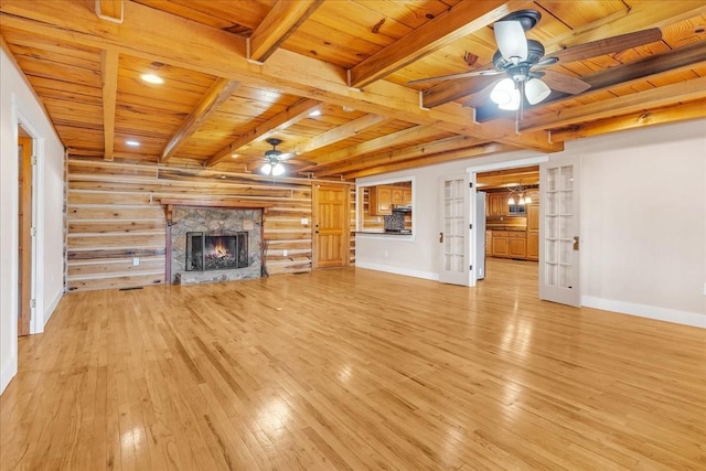 unfurnished living room featuring french doors, a stone fireplace, wood ceiling, ceiling fan, and log walls