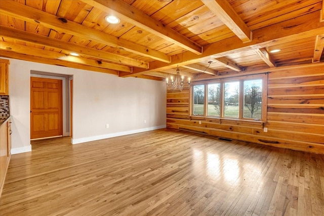 interior space featuring beam ceiling, a chandelier, wood ceiling, and light hardwood / wood-style flooring