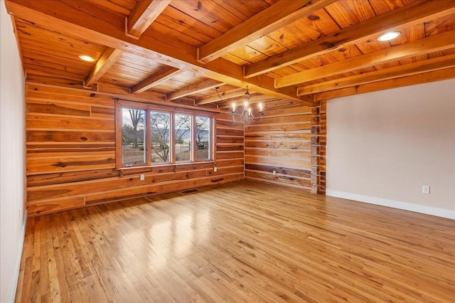 empty room featuring wood ceiling, a chandelier, light hardwood / wood-style floors, and beamed ceiling