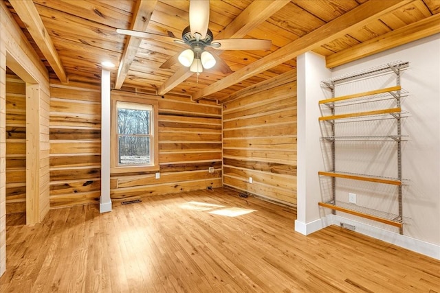 spare room with wood ceiling, beam ceiling, and wood-type flooring