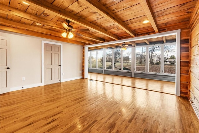 interior space with wood ceiling, plenty of natural light, beamed ceiling, and light wood-type flooring