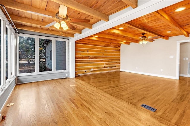 unfurnished living room with hardwood / wood-style flooring, beamed ceiling, wooden ceiling, and ceiling fan