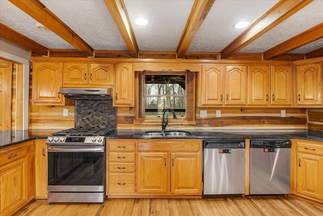 kitchen featuring beamed ceiling, stainless steel appliances, light hardwood / wood-style floors, and sink