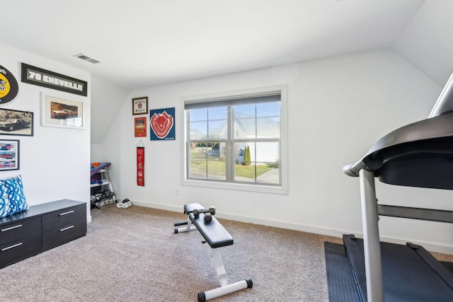 exercise room featuring lofted ceiling and carpet flooring