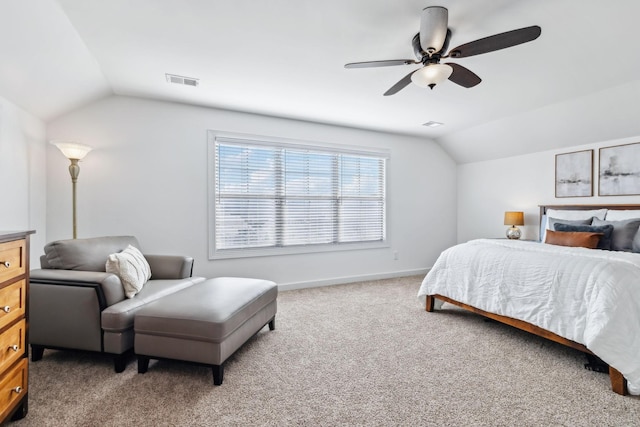 carpeted bedroom featuring vaulted ceiling and ceiling fan