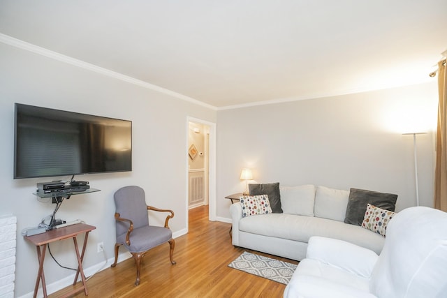 living room featuring crown molding and light hardwood / wood-style flooring