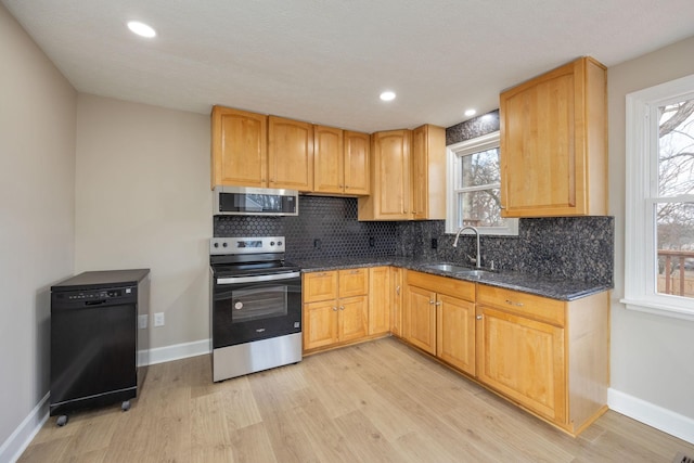 kitchen with dark stone countertops, sink, decorative backsplash, and appliances with stainless steel finishes