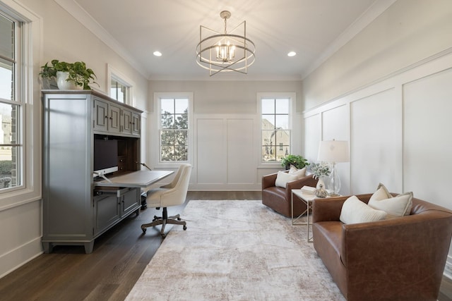 office with a notable chandelier, wood-type flooring, and ornamental molding